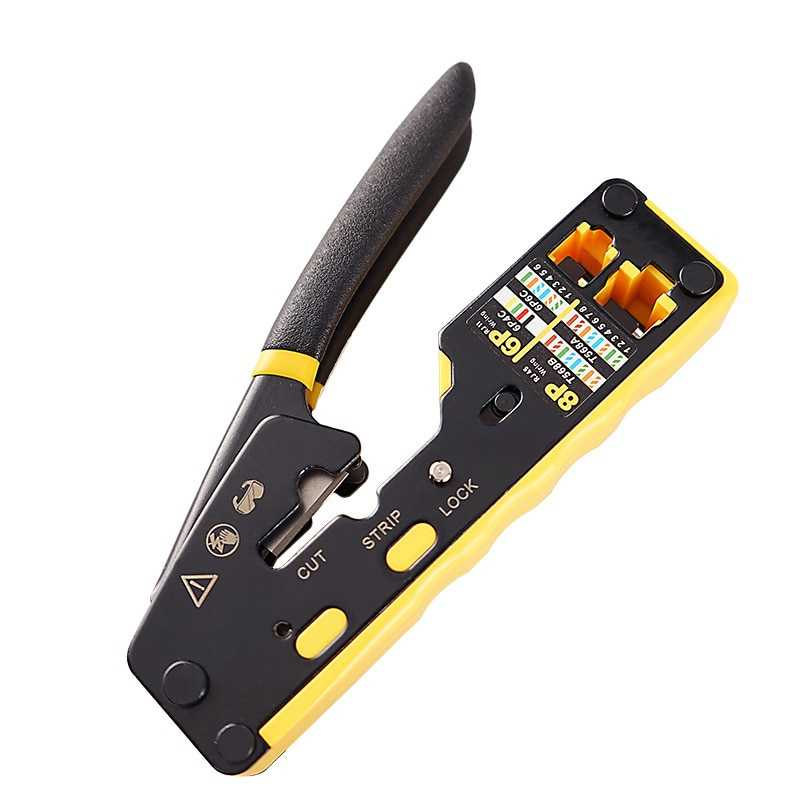 RRS STORE TANG Alat Crimping RJ45 Pass Through Cutter for CAT6 CAT5 CAT5E - 6088 Dapat Digunakan untuk Cutting, Stripping, dan Modifikasi Konektor Proses crimping merupakan fitur utama yang dimiliki oleh alat ini