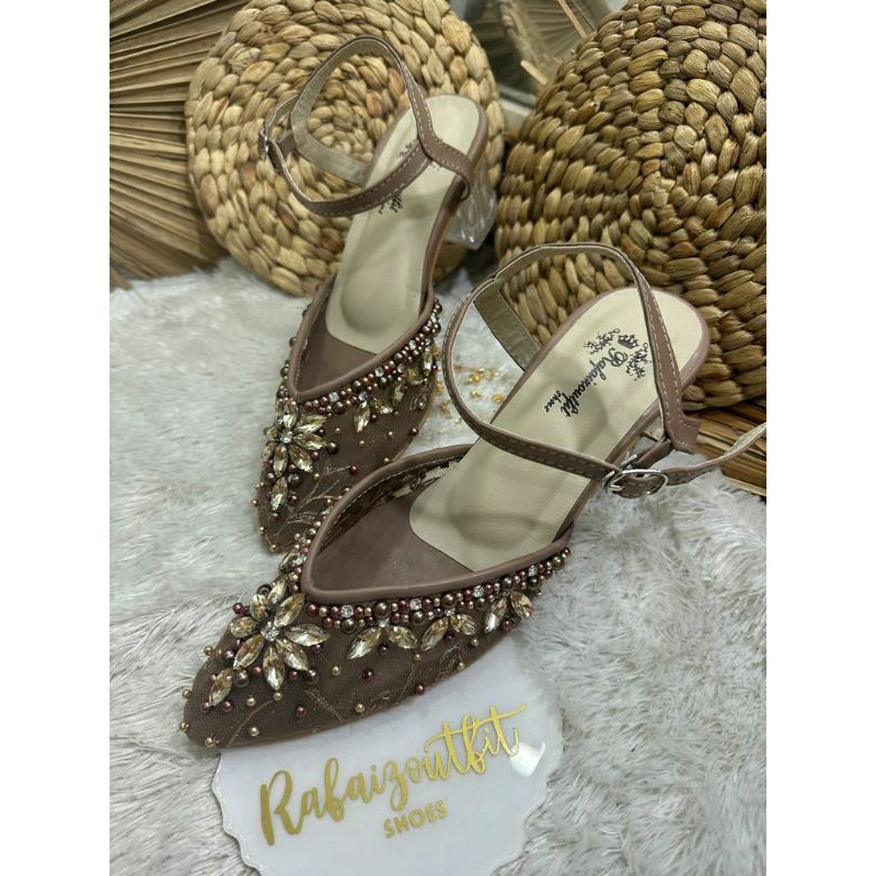 Sepatu wedding pesta Cantik isni mocca 5cm kaca