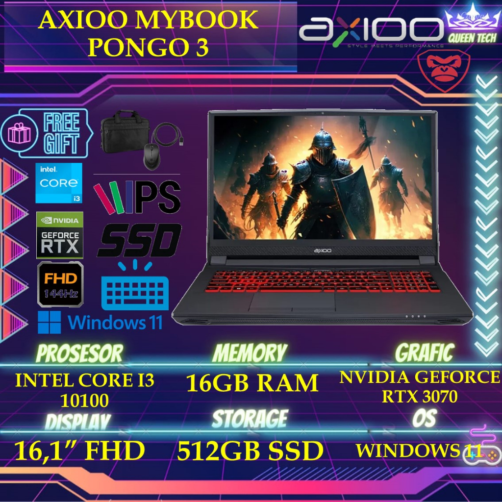 AXIOO MYBOOK PONGO 3 / PONGO 5 / PONGO 7 RTX3070 16GB 512SSD WINDOWS 11 16.1 INCHI FHD 144HZ RGB BLIT BLK