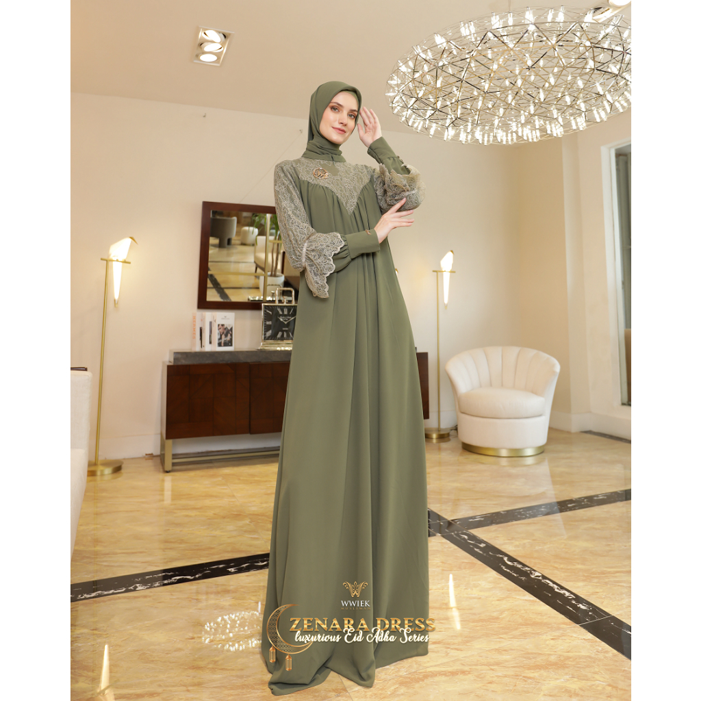 Baju Gamis Zenara Dress Set Jilbab Segiempat by Wwiek Muslimah-Sage Green