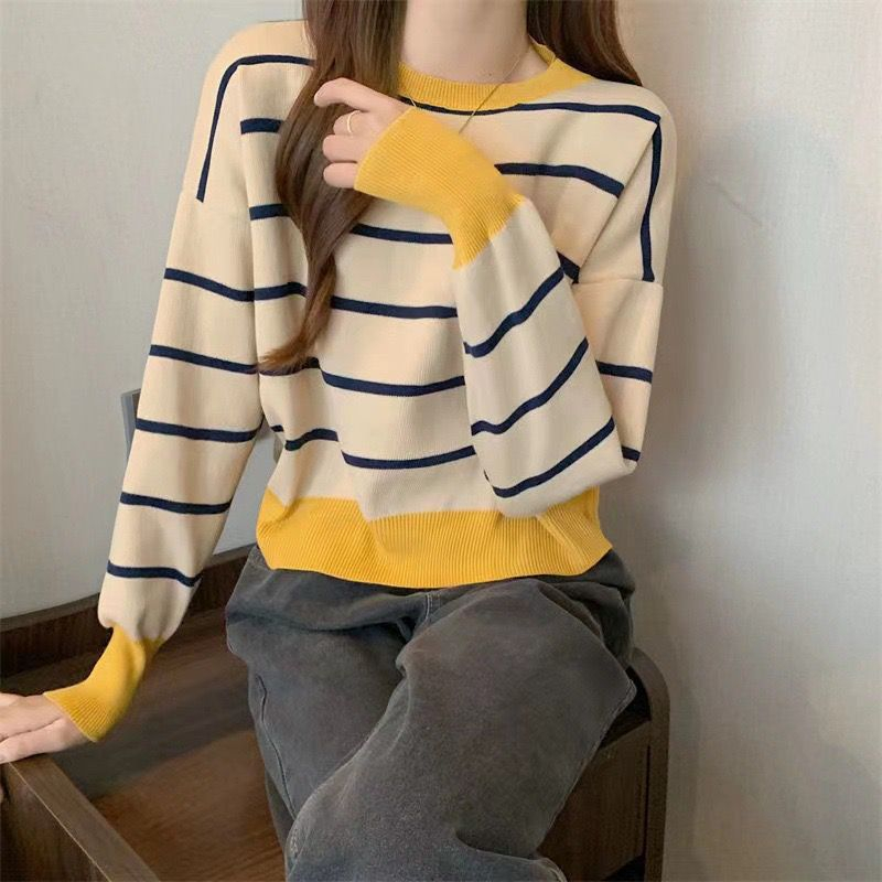 BEARYJEANS Sweater Atasan Rajut Wanita Lengan Panjang Crop Top Korea Striped Premium Import Korean Style - BJ088