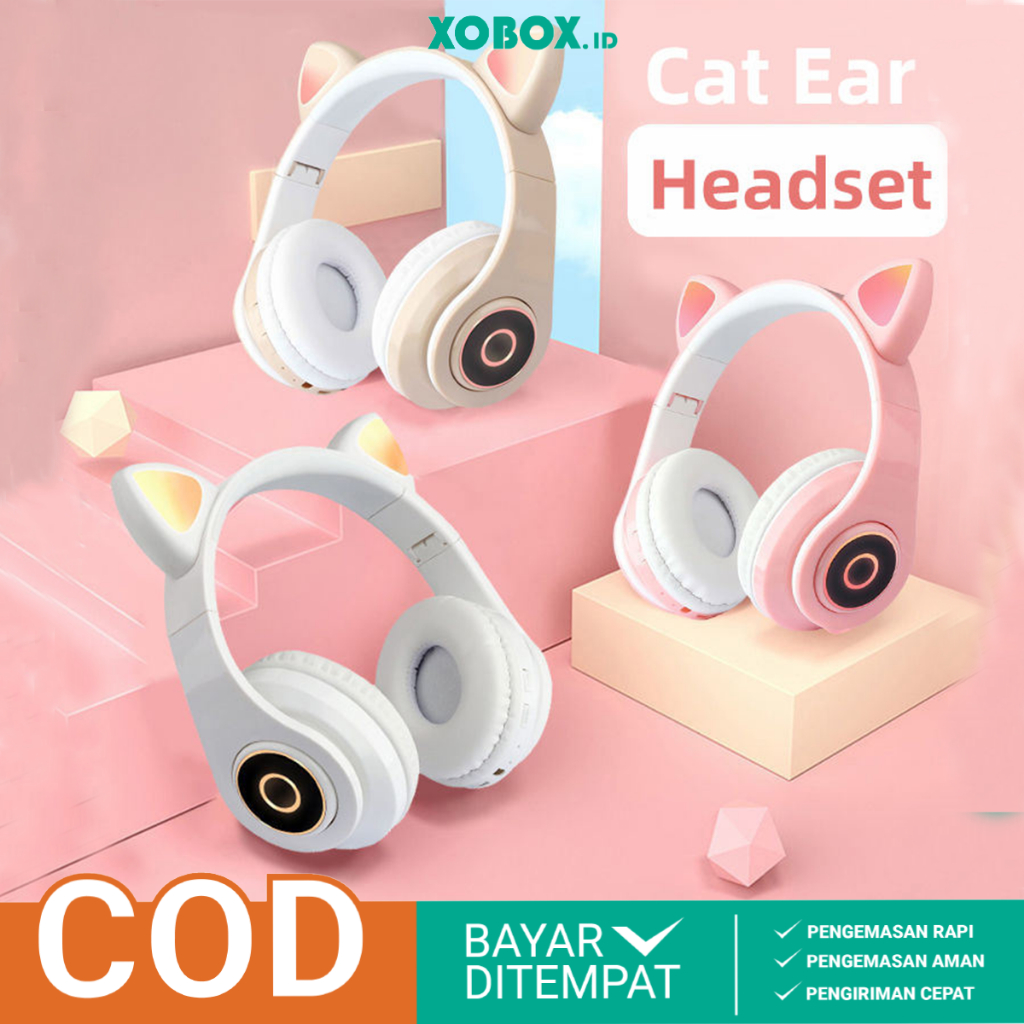 B39 JST28 Headphone Bluetooth Anak Motif Kuping Kucing Bando Headset LED Wireless On-Ear Bass - XOBOX