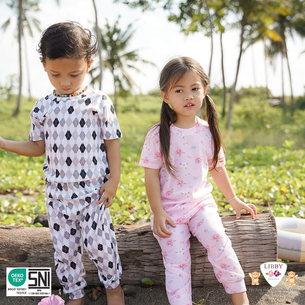 Libby Baby Setelan Oblong Cotton Rib Tipis Baju Pendek Celana Panjang Boy &amp; Girl - Libby Series Motif Basking In The Sun - LIBBY BAJU ANAK MURAH