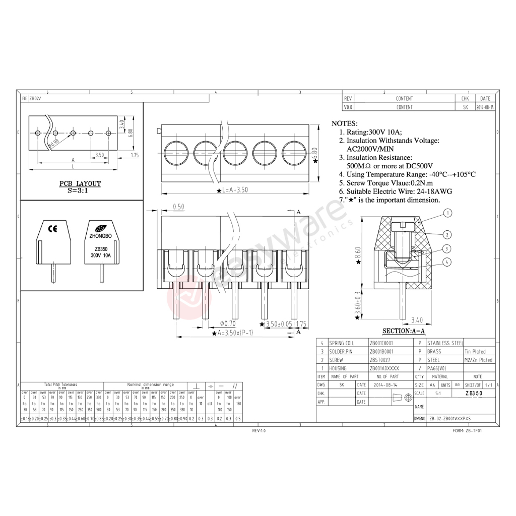 KF350 2P 2 Pin Screw Terminal Block 3.50mm 300V 10A Terminal Blok KF350