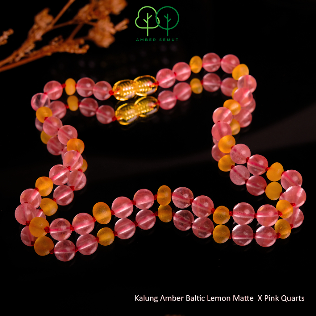 PROMO FREE GELANG - Kalung Amber Baltic Bayi, Balita dan Anak Green Glossy X Pink Quarts by AMBER SEMUT