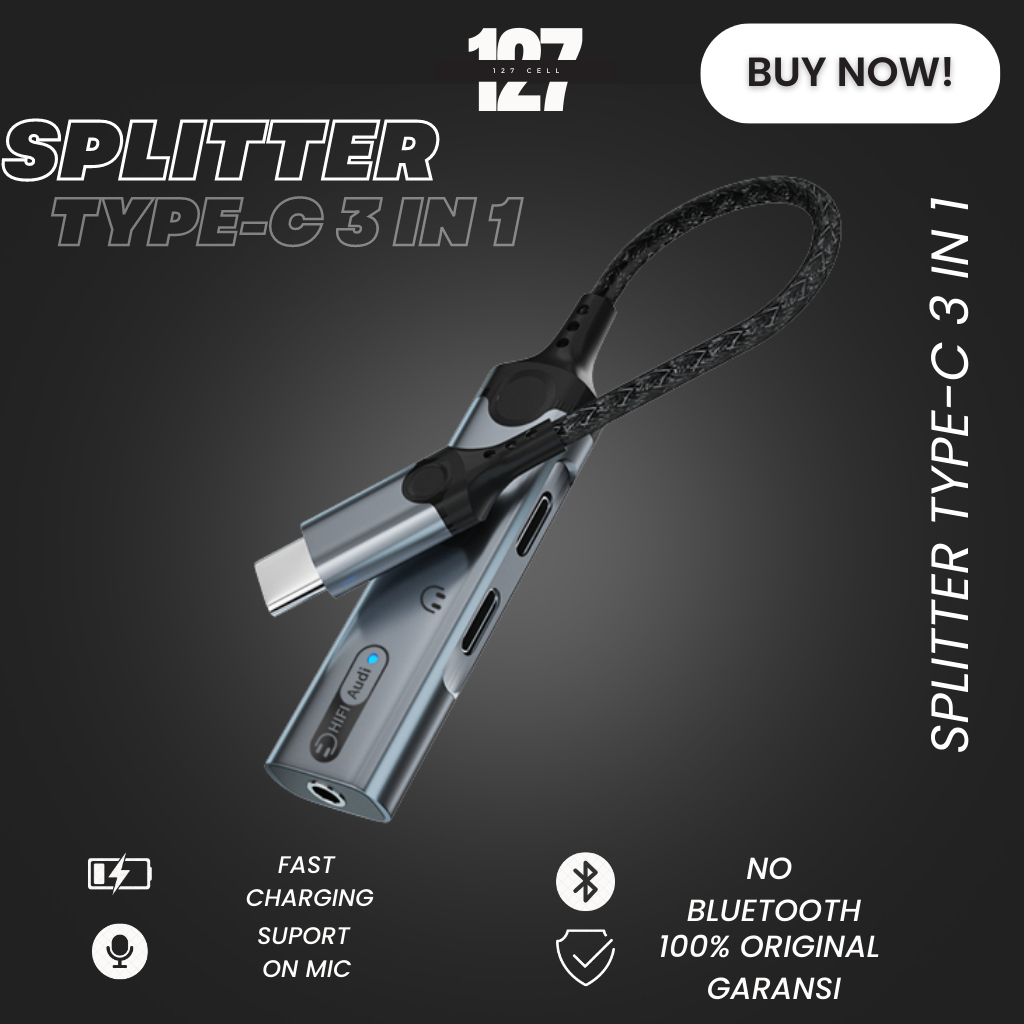 Splitter Conveter Konektor Type C 3 in 1 Tipe C to 3.5mm + C + C 60W Headset Charger Audio Jack  Adaptor OTG