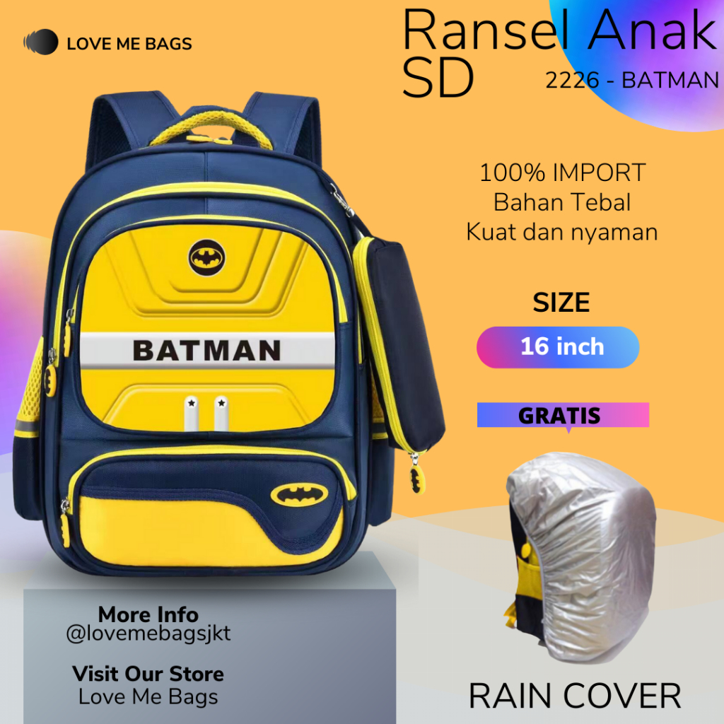 LMB Tas Sekolah Anak SD Import Laki Karakter Superhero Timbul 6D Ukuran Besar Bahan Nilon Premium Tebal