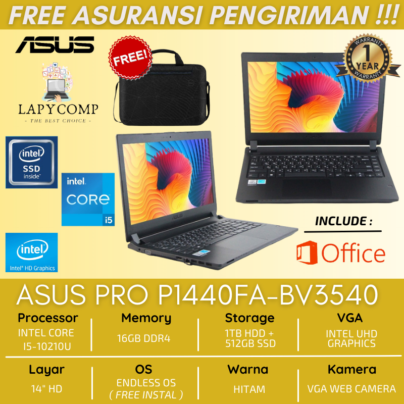 LAPTOP ASUS PRO P1440FA-BV3540 INTEL i5 GEN 10 RAM 16GB STORAGE COMBO 1TB+512GB SSD LAYAR 14&quot; FREE TAS