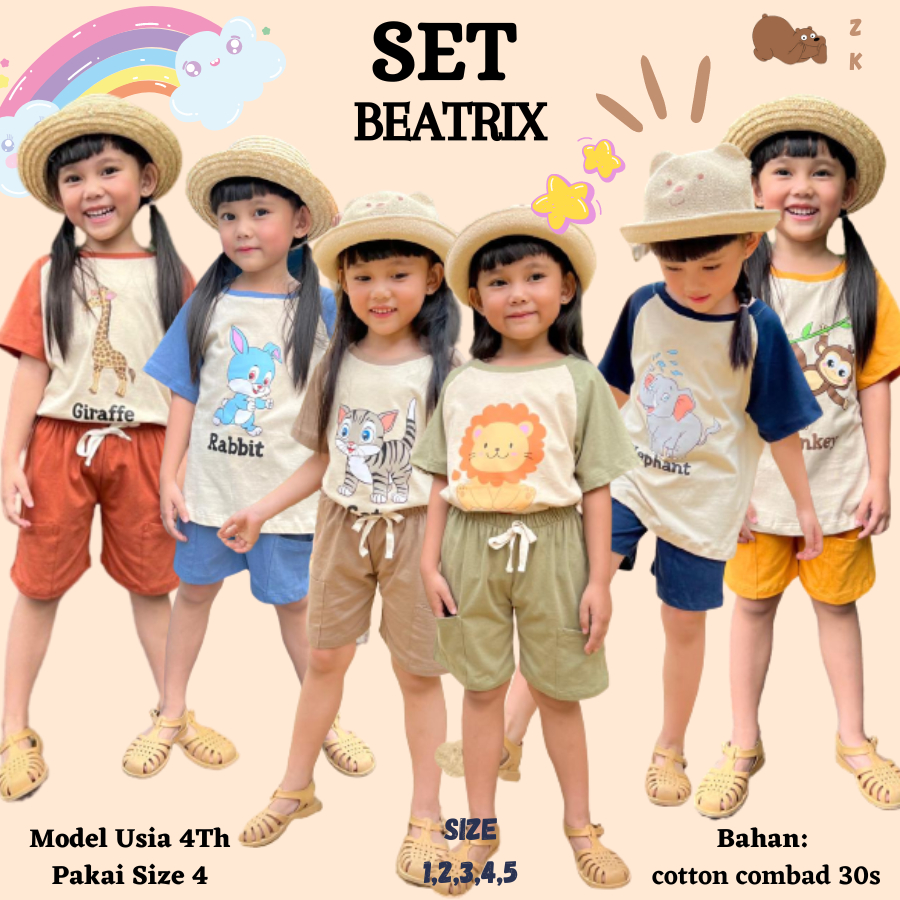 SETELAN BEATRIX Pakaian Oneset Baju Kaos Celana Motif Hewan Bahan Katun Lengan Pendek Santai Harian 