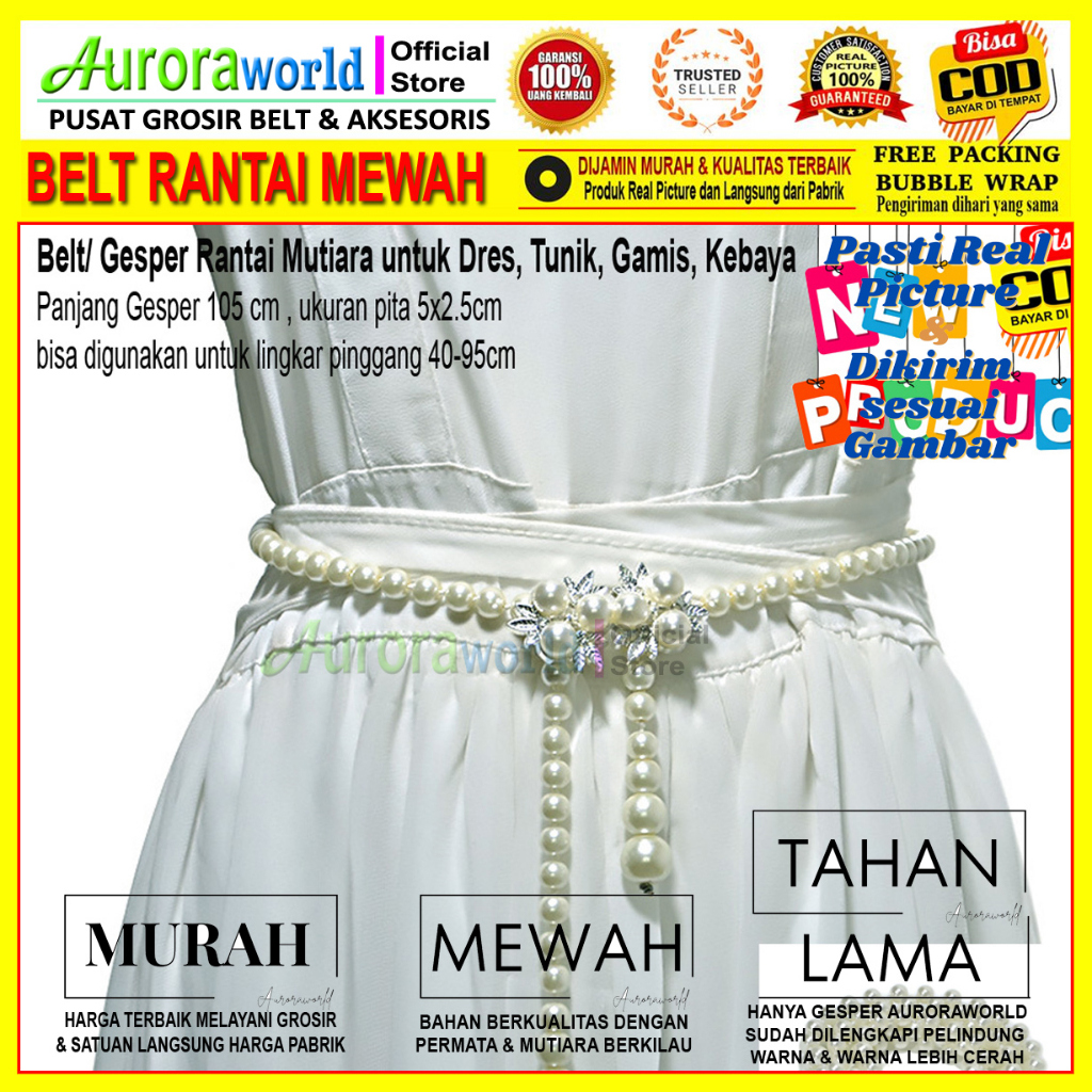 Auroraworld Belt wanita ikat pinggang rantai mutiara Belt wanita gesper rantai mewah untuk Terbaru untuk dres pesta, gamis tunik kebaya bisa COD