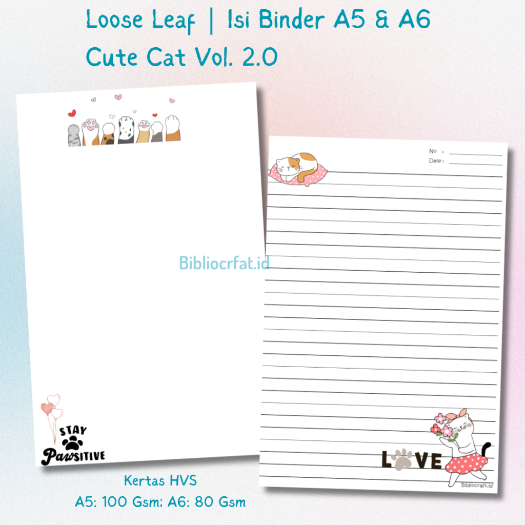 

Loose leaf | Isi Kertas File binder A5 A6 Tebal | 20 holes | 20 Lubang | 6 Holes | 6 Lubang - Cute Cat Vol. 2.0 | Refill Map Binder Kucing Lucu | Line Grid Dotted Blank Garis Kotak Titik Polos