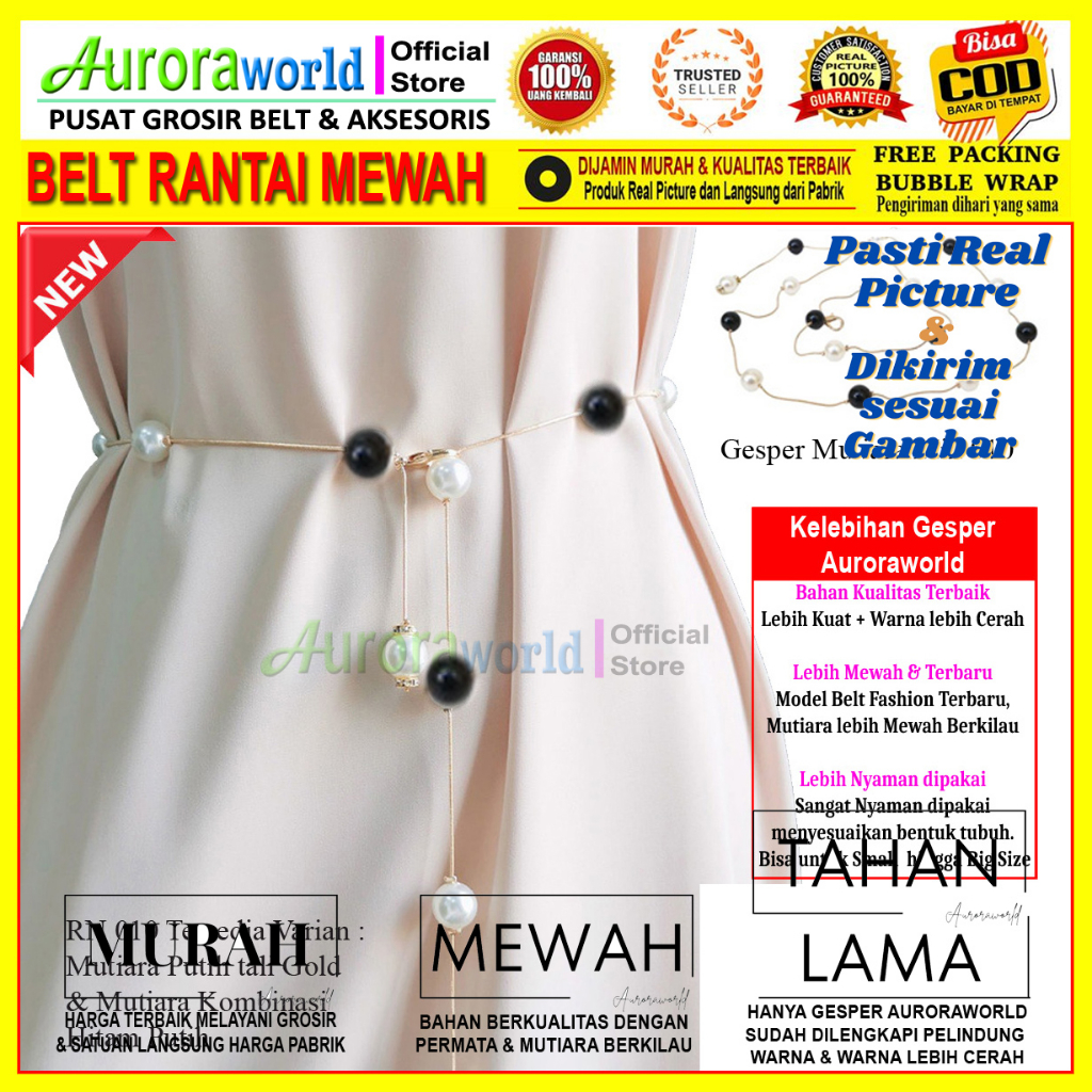 Auroraworld Belt wanita ikat pinggang mutiara gesper rantai perempuan mewah untuk dress gamis tunik tali pinggang cewek Fashion korea Terbaru bisa COD RN-1A