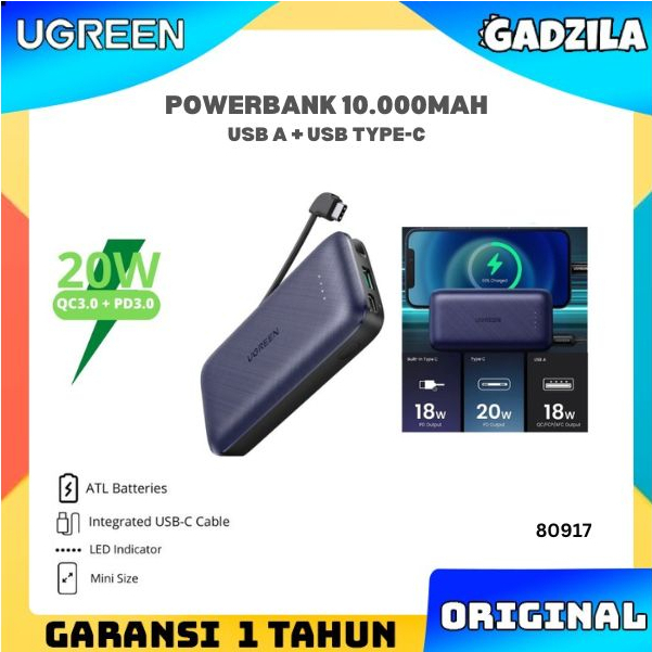 UGREEN Powerbank 10000mAh Power Bank PD Fast Charging 20W QC3.0 Usb A + Usb Type C iPhone Samsung 80917