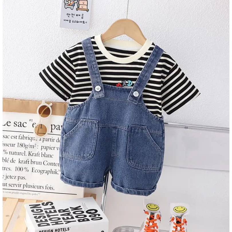 Setelan baju anak laki-laki model celana kodok MOTIF STRIP BEKO usia 6 bulan - 5 tahun -babylovanta