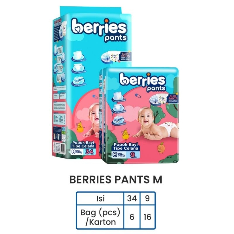 Berries baby pants Pampers / Popok bayi hemat ukuran M34