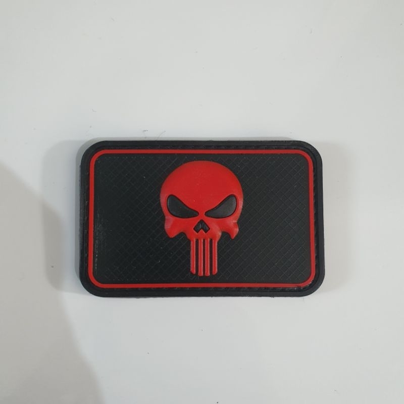 patch rubber logo tengkorak funiser 3D kotak merah / tempelan emblem karet velcro