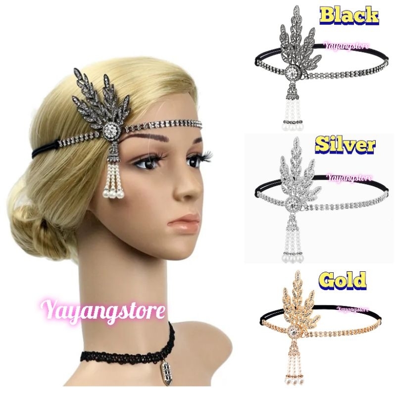 Headband Headpiece Mahkota Bandana Sequin flapper gatsby bulu hijab pesta