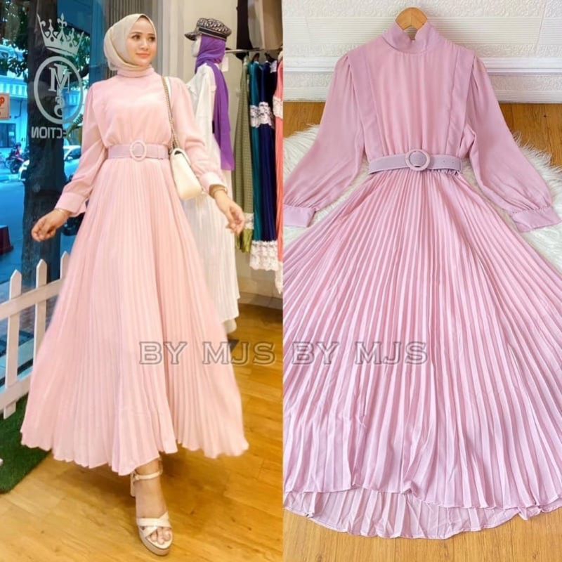 9095 (Set BELT) Baju maxidress longdress TURTLE NECK PLISKET lengan panjang dres Korea Korean style 