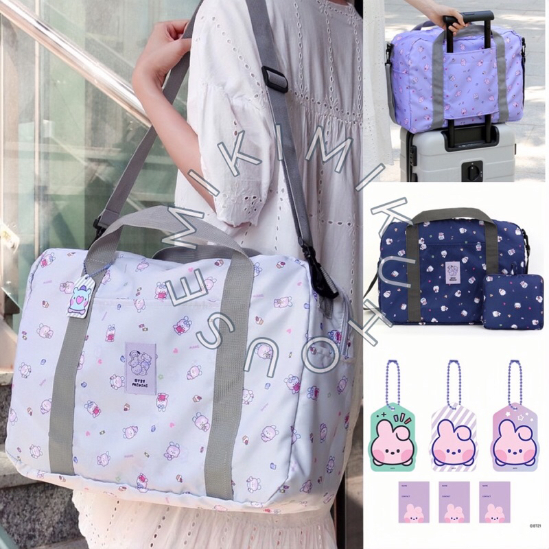 MONOPOLY BT21 MININI FOLDING BAG + NAME TAG KEYRING BT21 FOLDABLE TRAVEL BAG TAS LIPAT KOPER ANTI AI