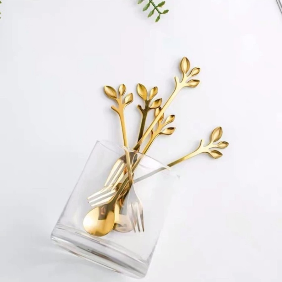 Leaf Tea Spoon Golden Sendok Garpu Daun Teh Gold Emas Kue Buah Fork Ok