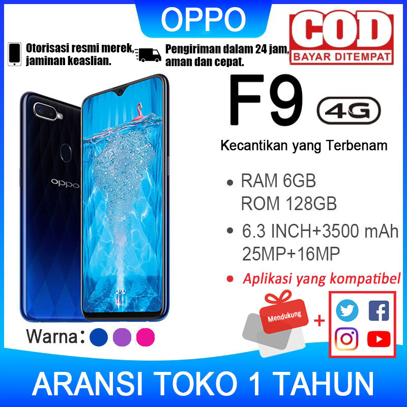 OPPO F9 HP RAM 6/128GB GARANSI TOKO 1 TAHUN ORIGINAL BARU HANDPHONE Dengan 6.3inches Ukuran layar Dengan Kapasitas baterai 3500mAh