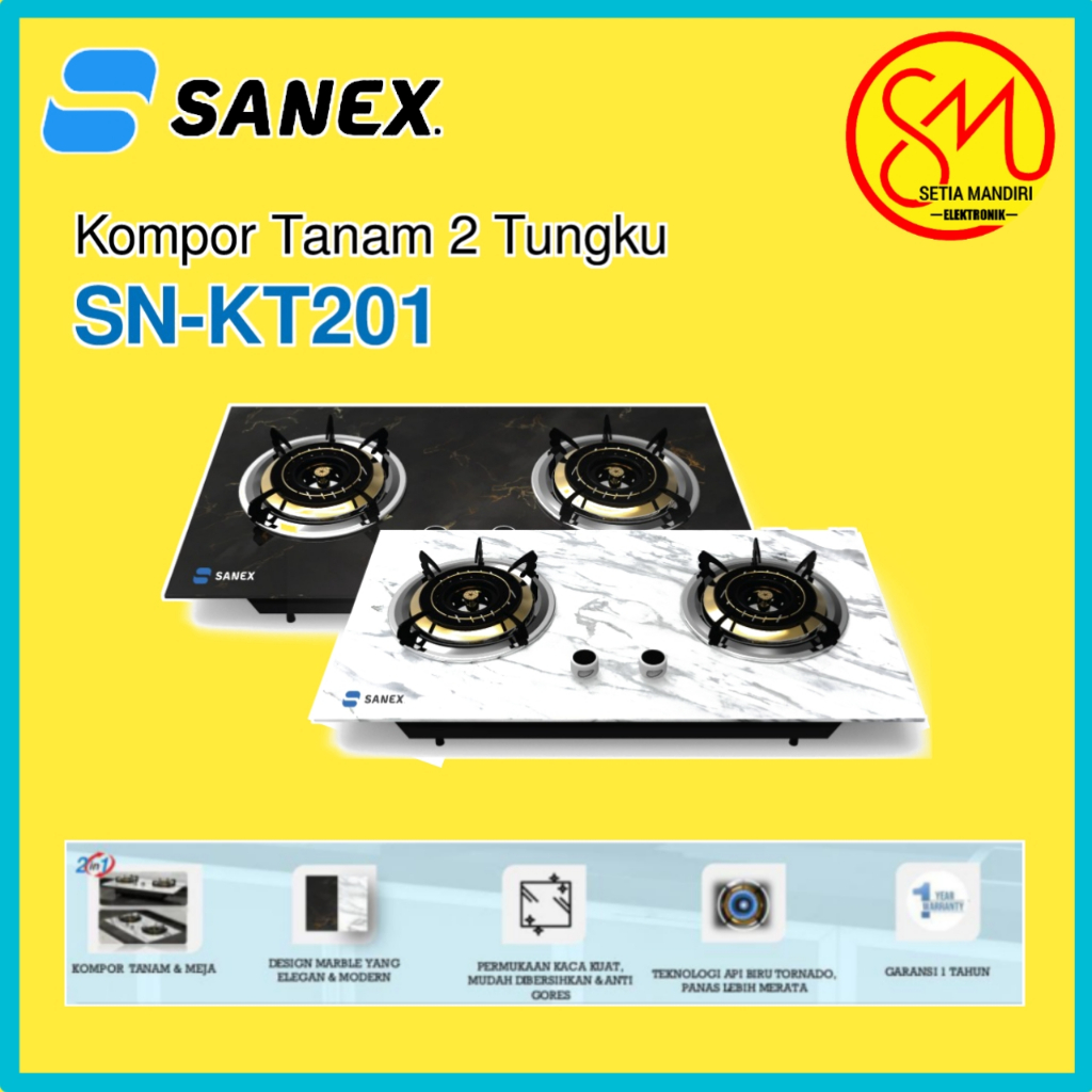 Kompor Tanam Sanex SN-KT201 2 Tungku Api Biru Tornado, Kaca Tebal Anti Gores, Putih/Hitam