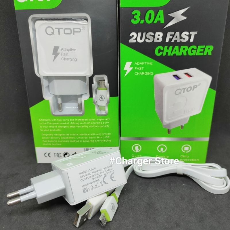 Charger Qtop Fast Charging 2USB 4.5A Micro USB Qualcomm Quick Charger 3.0