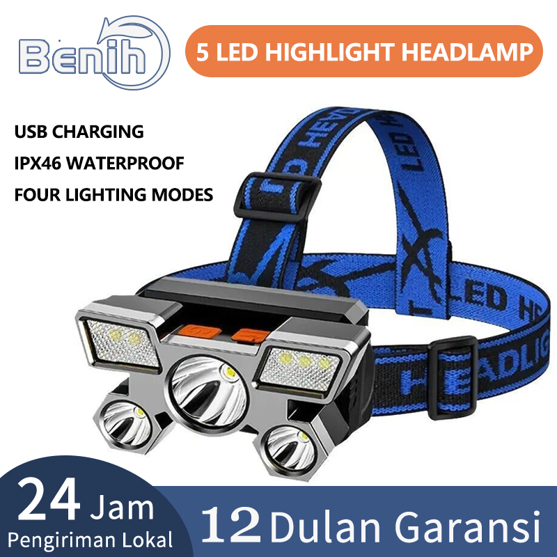 Lampu Depan LED USB Isi Ulang Lampu Kerja Lampu Bar Kepala Band Lampu 5 LED Tahan Air Portabel untuk Berkemah