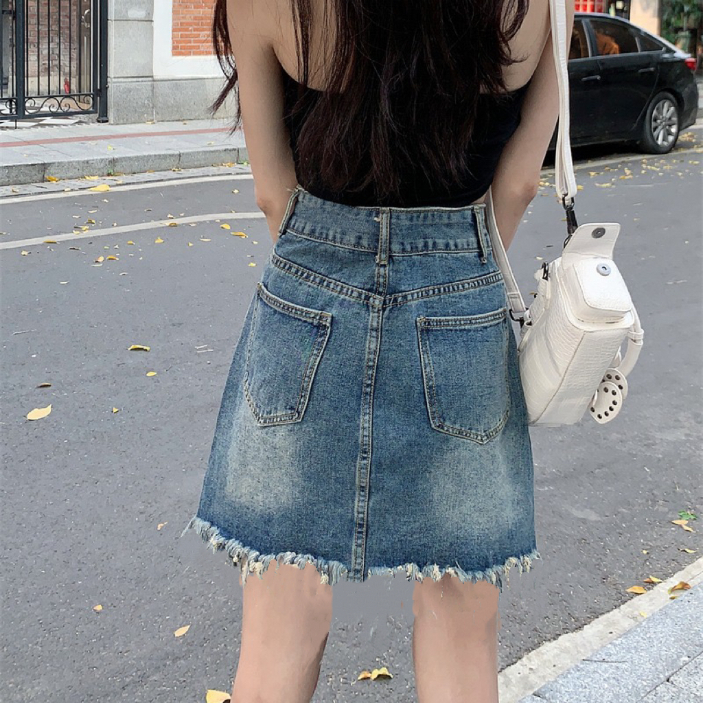 Rok jeans pendek rok mini korea rok sobek samping A-line ootd murah kekinian rok denim