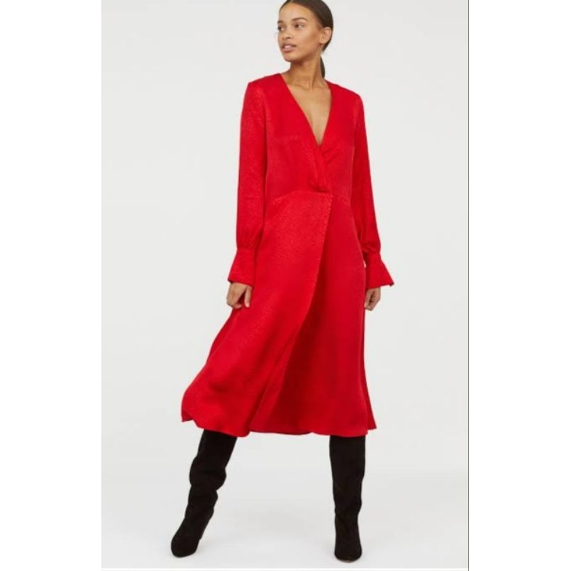NEW HM Jacquard Satin Textured Red Dress | Dress Premium Murah | Baju Panjang Wanita