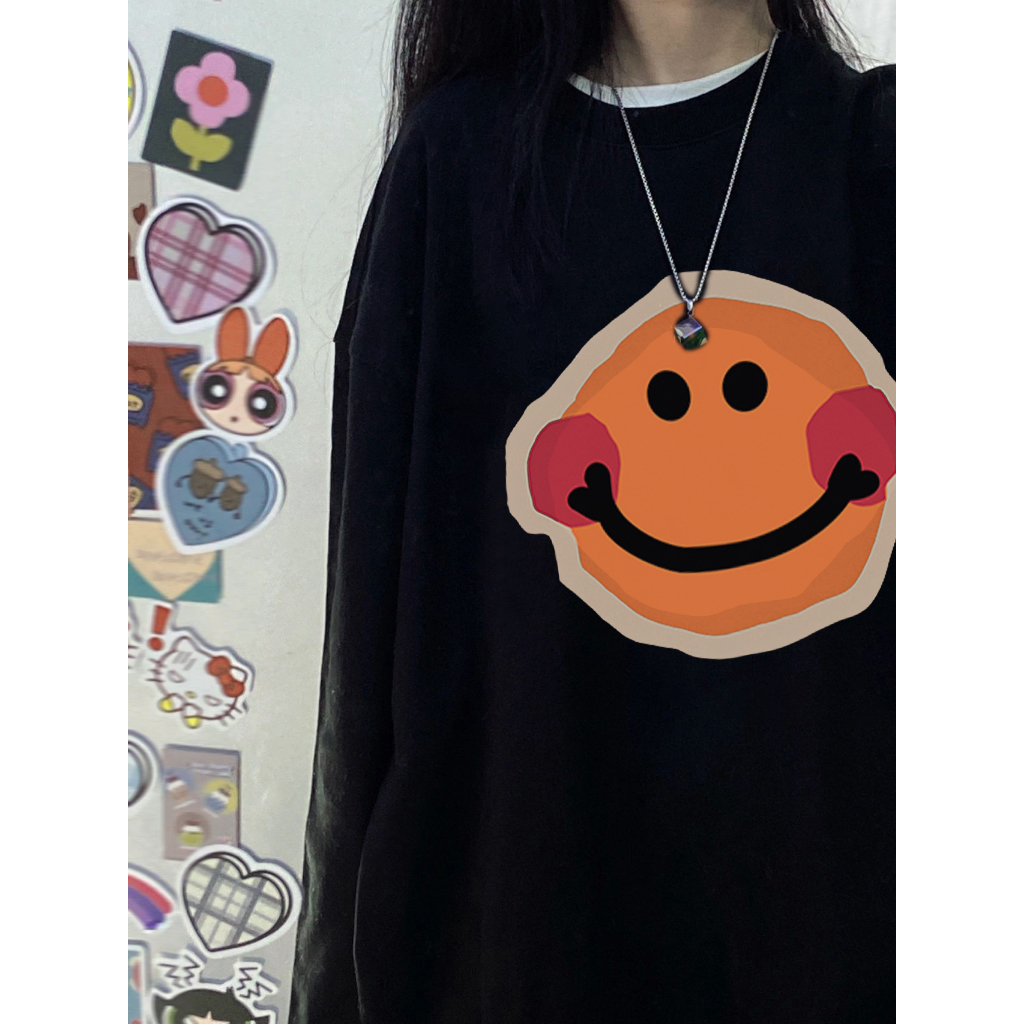 EUNII Sweater Lengan Panjang Cartoon Smile Printing Korean Style/Sweater Crop/Baju Wanita/Switer Wanita/Switer