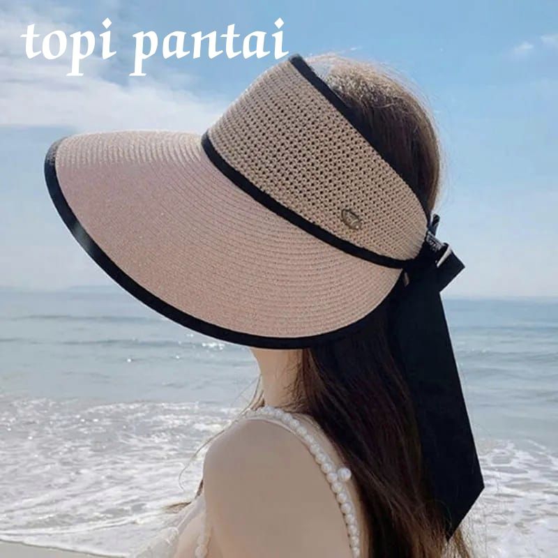 topi pantai wanita anti UV lebar, praktis bisa dilipat varian 3 warna-impor