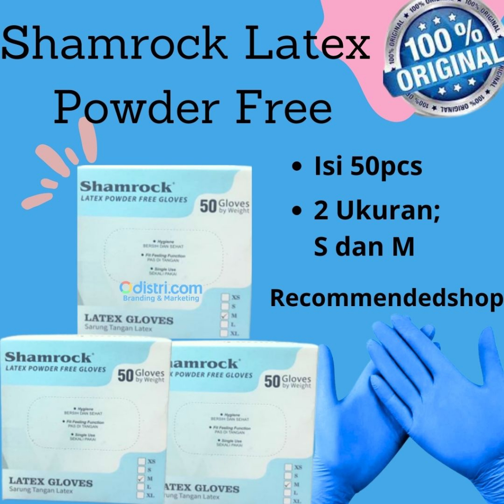 SARUNG TANGAN DISPOSABLE MEDIS INDUSTRI HIGENIS LATEX WARNA BIRU SHAMROCK ISI 50 PCS