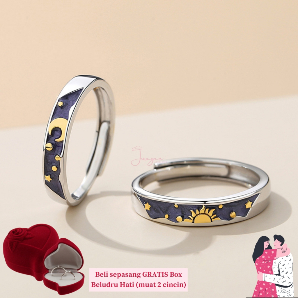 [UKIR NAMA] Cincin Couple Blue Sun &amp; Moon S31 Adjustable Ailoviu Original Perak Untuk Pasangan Hadiah Valentine Kado Gift