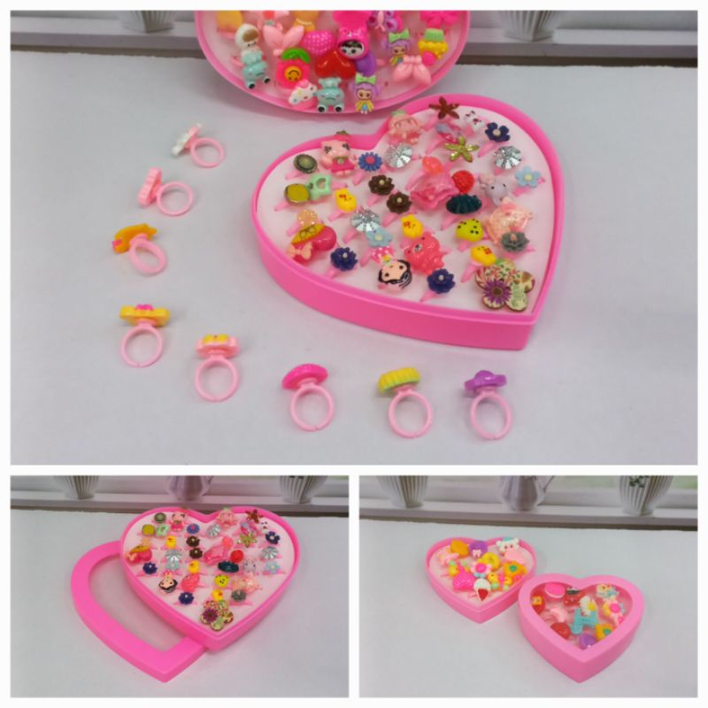 (1 Box 36 Pcs) Cincin Anak Karakter Kartun Lucu / Cincin Plastik Resin Box Love Hati Murah Grosir