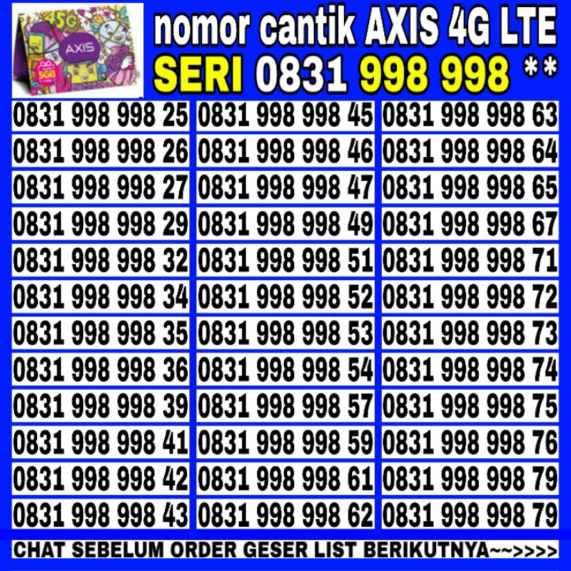 kartu perdana nomor cantik Axis 4G LTE seri terbaik 0838 889 889 XX kartu perdana nasional