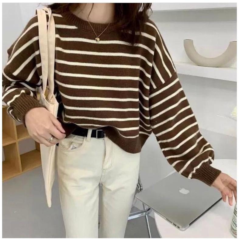 SWEATER KNIT RAJUT OVERSIZE WANITA/ATASAN RAJUT STRIP WANITA/POLO KNIT WANITA OVERSIZE