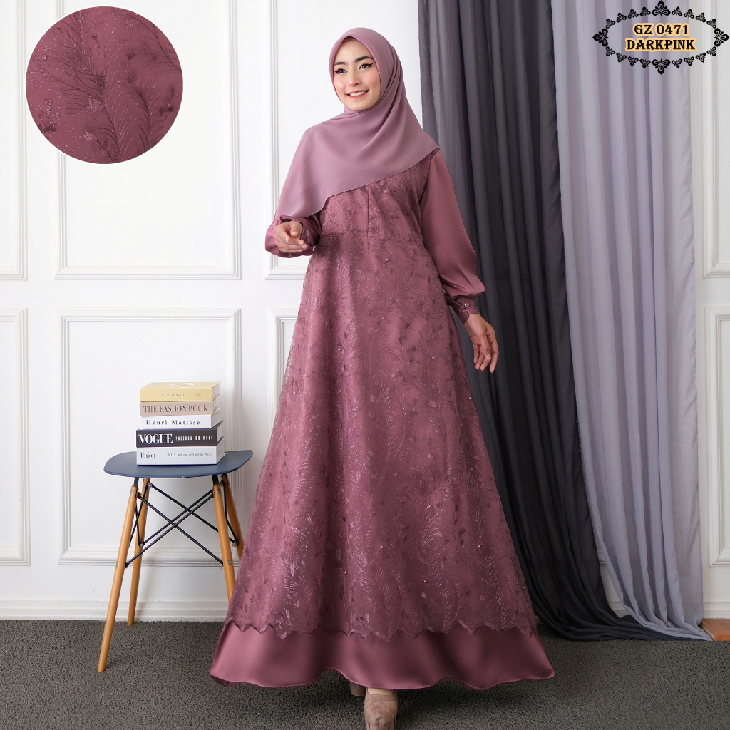 Gamis Brukat Tile GZ0471 Dark Pink/ Gamis Brukat Pink/ Gamis Kondangan/ Gamis Pesta/ Gamis Jumbo