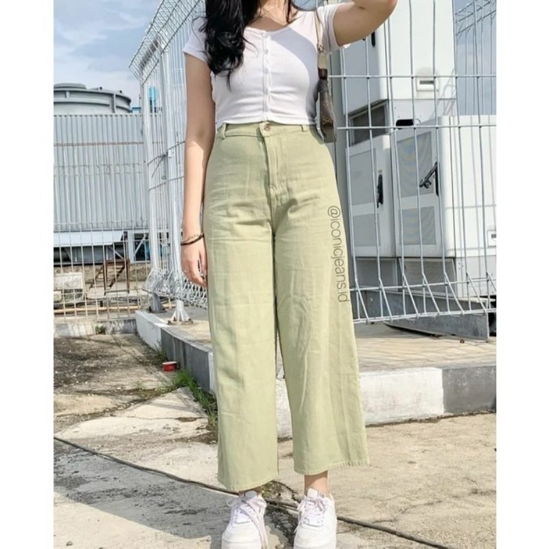 celana jeans wanita kekinian high waist jeans pinggang karet kulot jeans putih korean style kulot panjang