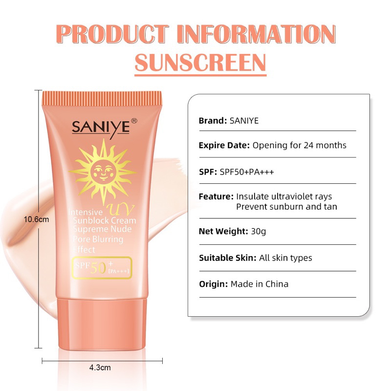 【Official Outlet】SANIYE Intensive Sunscreen Cream Supreme Nude Pore Bluring Effect SPF50 PA+++ R1213 High Sun Protection UV BBCream Sunblock Tabir Surya Pelembab Pemutih Wajah Face Cream Anti Penuaan Waterproof SweatProof Viral BPOM