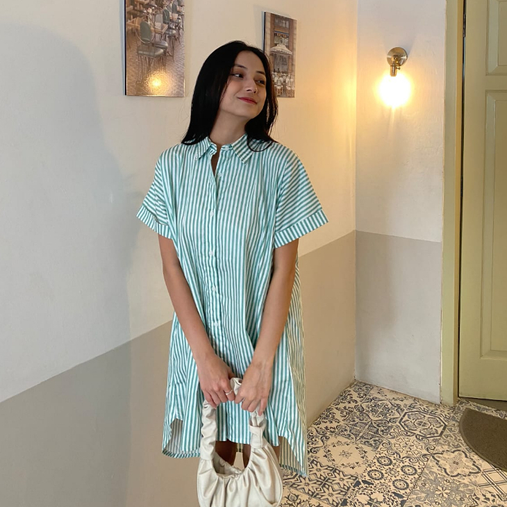 Peach Poppy GIA Cotton Stripe Shirt Dress - Dress Kemeja Salur - Dress Kemeja Wanita - Dress Wanita - Korean Style Dress