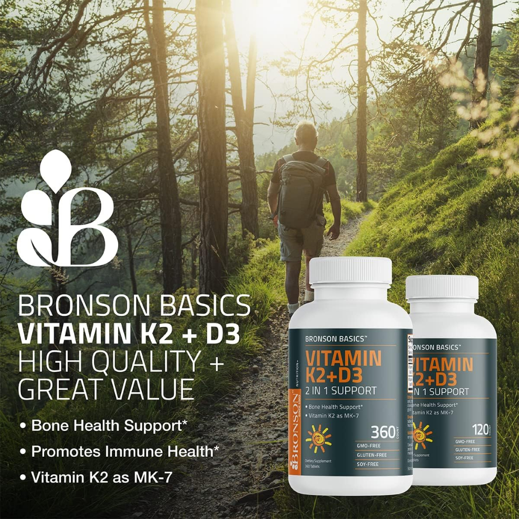 Bronson Basics Vitamin K2 D3 360 Tablet 5000IU 90 mcg - Bone Heart Immunity Supply 1 Tahun