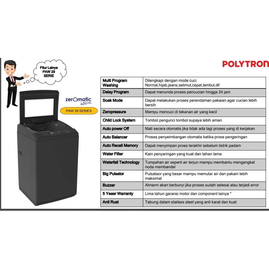 POLYTRON Mesin Cuci 1 Tabung PAW 8029Y Zeromatic Laguna series Hijab 8 KG