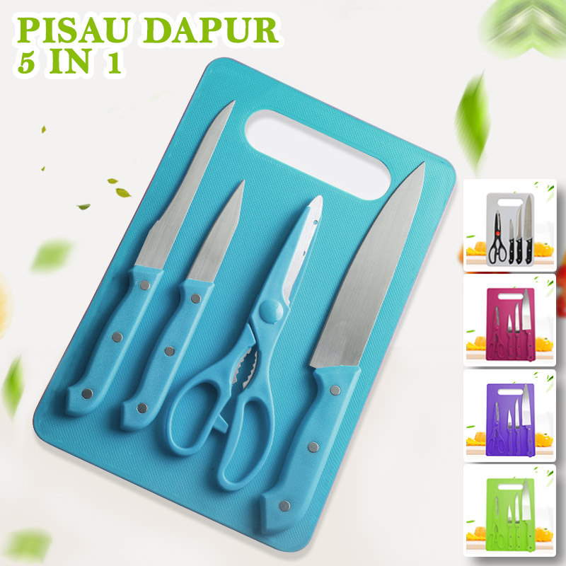 Luxury Party J2 Set Pisau Dapur Knife Set 5in1 Plus Talenan Stainless Pisau Dapur 20cmx30cm Pisau Dapur