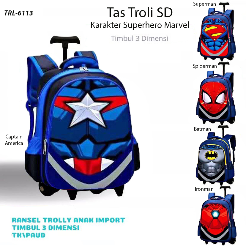 Tas Troli Paud-TK Ransel Sekolah Anak Laki-Laki Ransel Import Anak Cowok - Kids Backpack School Import 3D Emboss Karakter Superhero Marvel