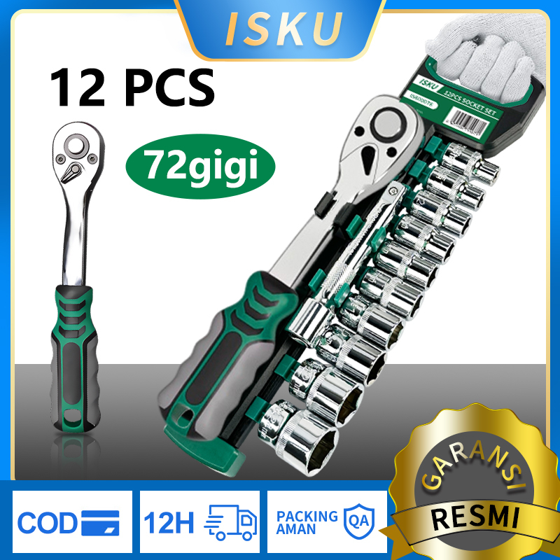 ISKU kunci socket ratchet 72gigi 12 pcs kunci pas ratchet 1/2 inch  8-24mm Mata Shock ISKU Sock Set 12Pcs