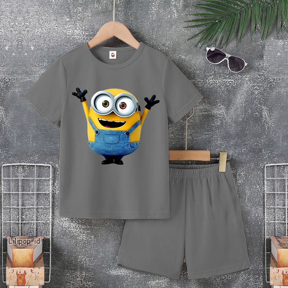 Baju Anak Stelan Usia 5-10 Tahun MINION Kaos 3/4 Cowok Cewek  Celana Pendek Harian