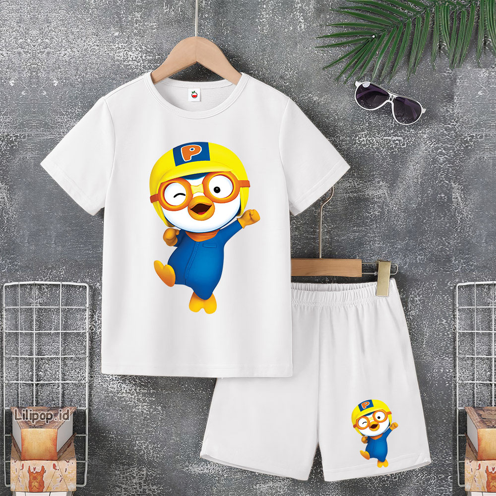 Baju Anak Stelan Usia 5-10 Tahun pororo petty Kaos 3/4 Cowok Cewek  Celana Pendek Harian