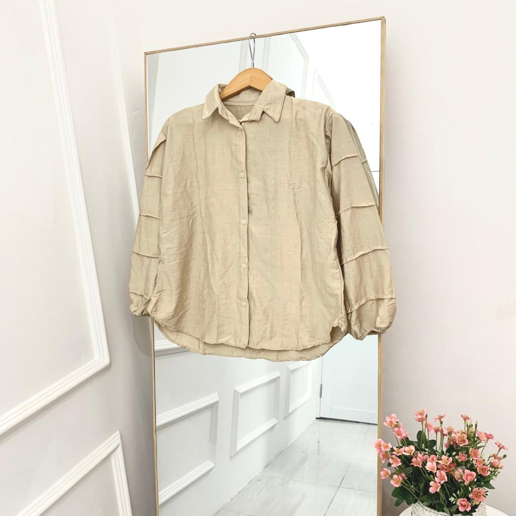Kemeja Wanita Bahan Polo Linen Tera Blouse Atasan Wanita Full Kancing Lengan Panjang OOTD Wanita