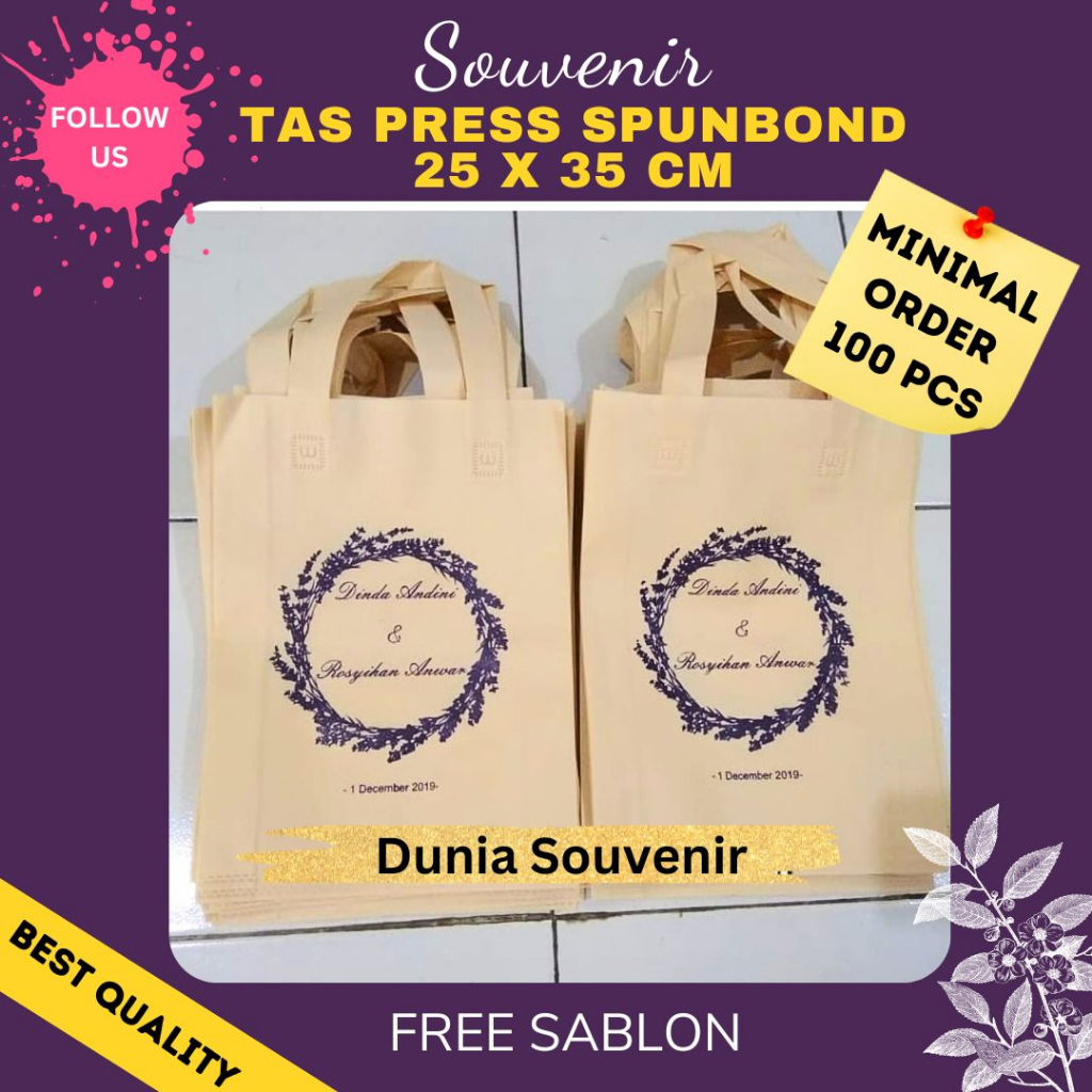 

Tas Press Spunbond Sablon 25x35 cm Isi 100 Biji Souvenir Promosi Acara Pernikahan Nikah